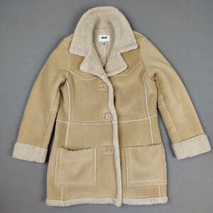 Vintage Old Navy Faux Shearling Coat Women Large Tan Sherpa Lined Long Jacket